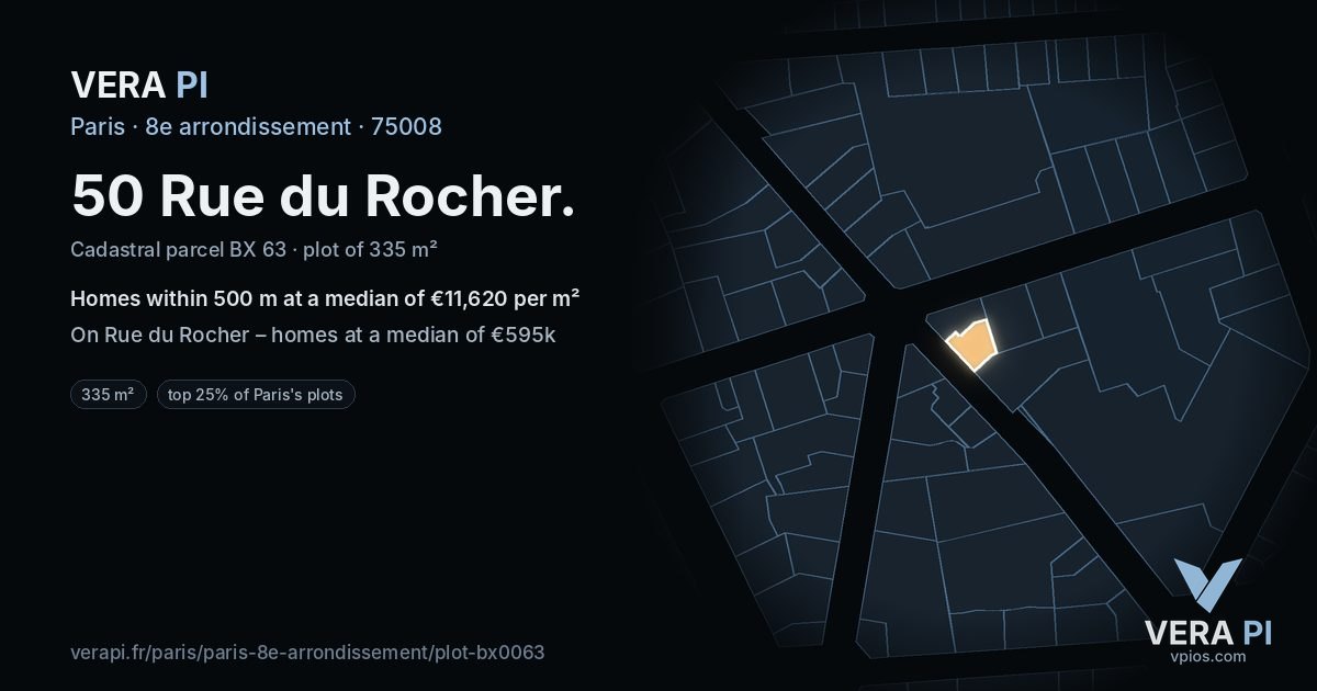 50 Rue du Rocher, 8e arrondissement at night – the plot lit, the parcels around coloured by the prices near them