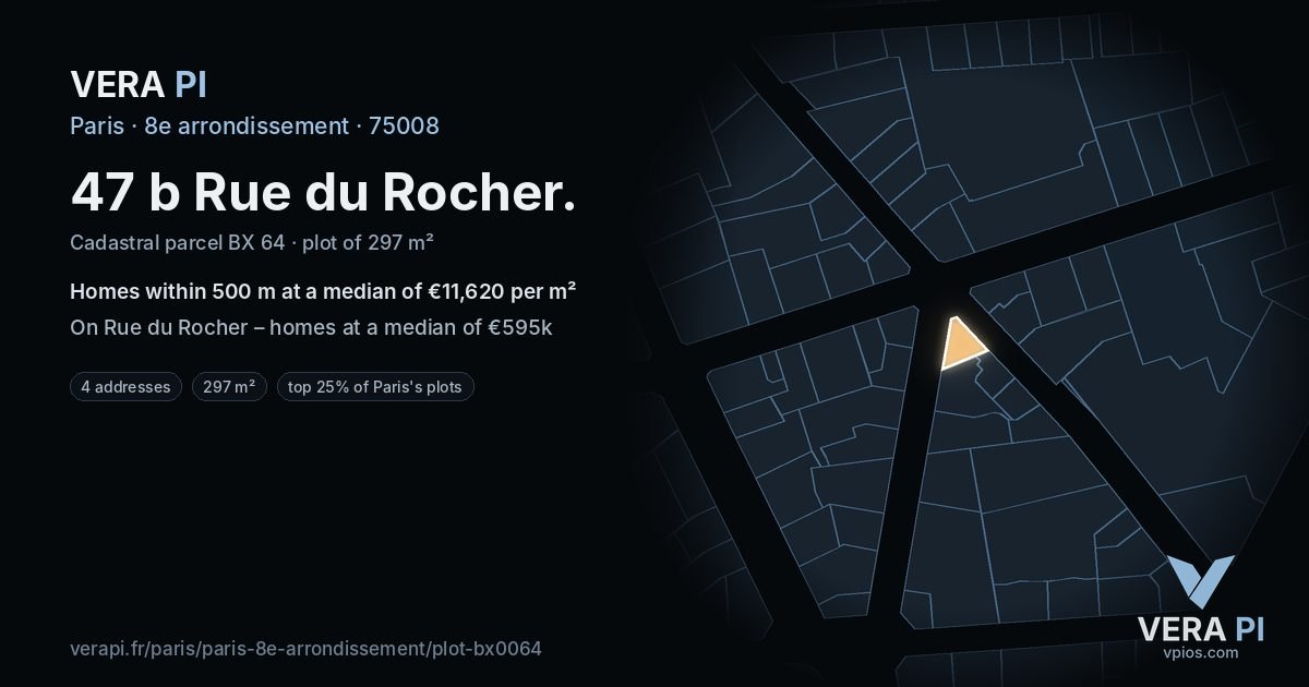 47 b Rue du Rocher, 8e arrondissement at night – the plot lit, the parcels around coloured by the prices near them