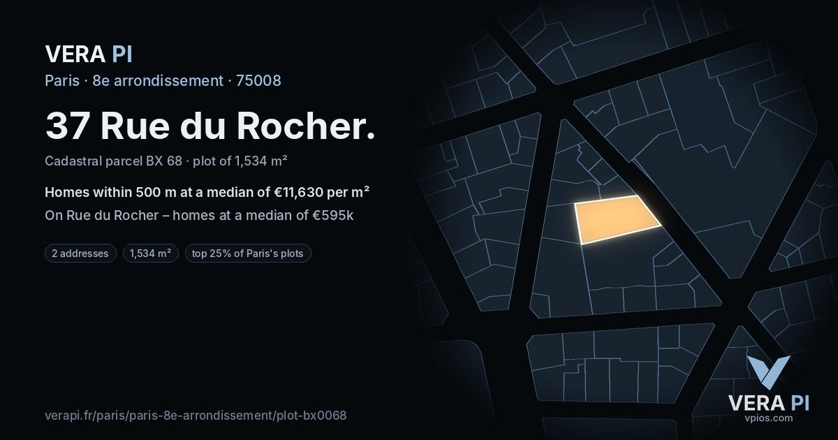 37 Rue du Rocher, 8e arrondissement at night – the plot lit, the parcels around coloured by the prices near them