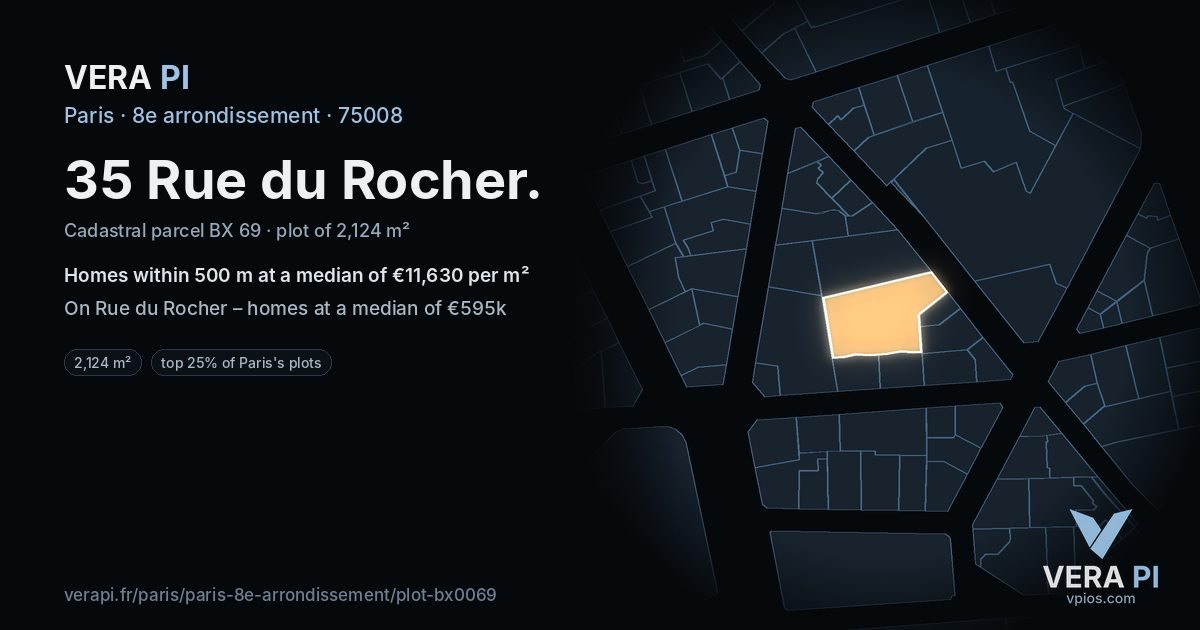 35 Rue du Rocher, 8e arrondissement at night – the plot lit, the parcels around coloured by the prices near them
