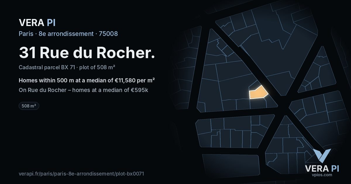31 Rue du Rocher, 8e arrondissement at night – the plot lit, the parcels around coloured by the prices near them