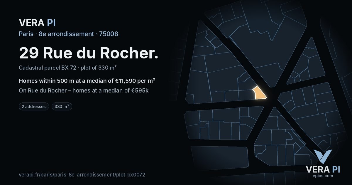 29 Rue du Rocher, 8e arrondissement at night – the plot lit, the parcels around coloured by the prices near them