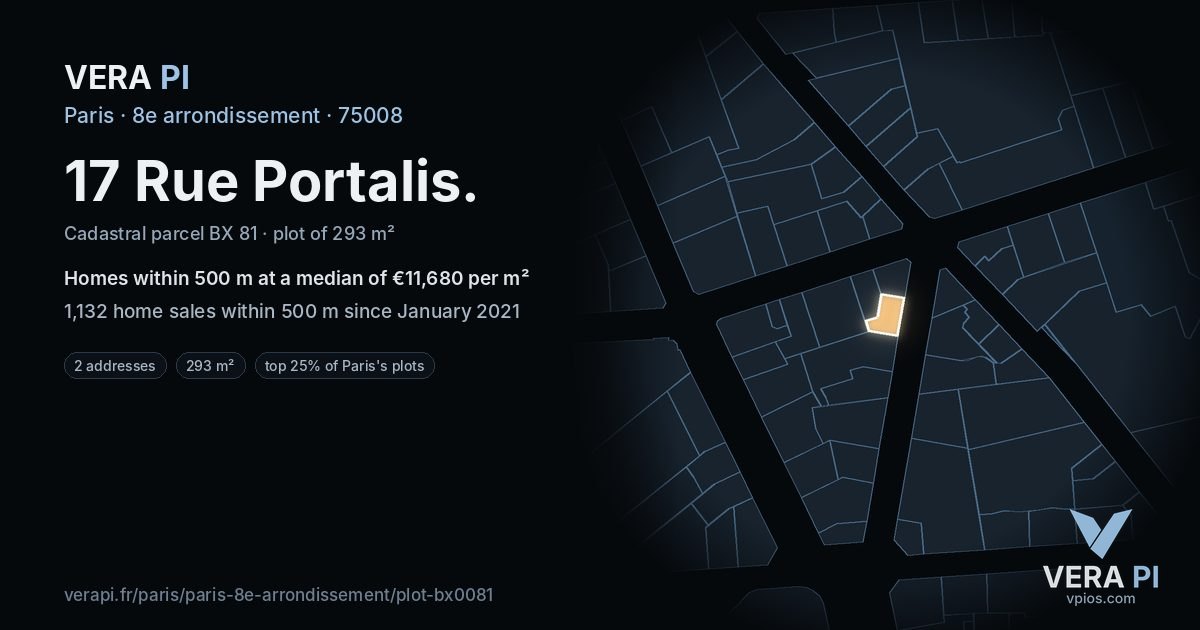17 Rue Portalis, 8e arrondissement at night – the plot lit, the parcels around coloured by the prices near them