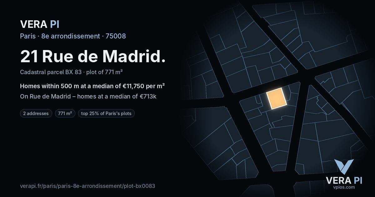 21 Rue de Madrid, 8e arrondissement at night – the plot lit, the parcels around coloured by the prices near them