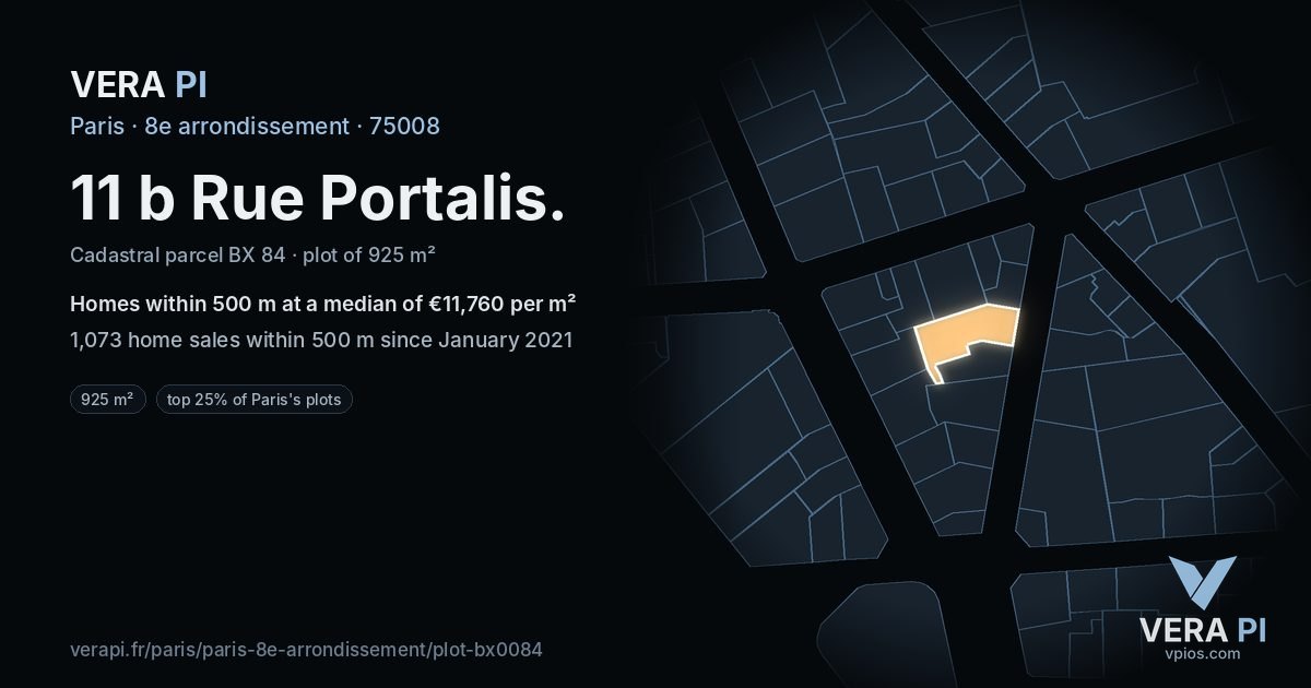 11 b Rue Portalis, 8e arrondissement at night – the plot lit, the parcels around coloured by the prices near them