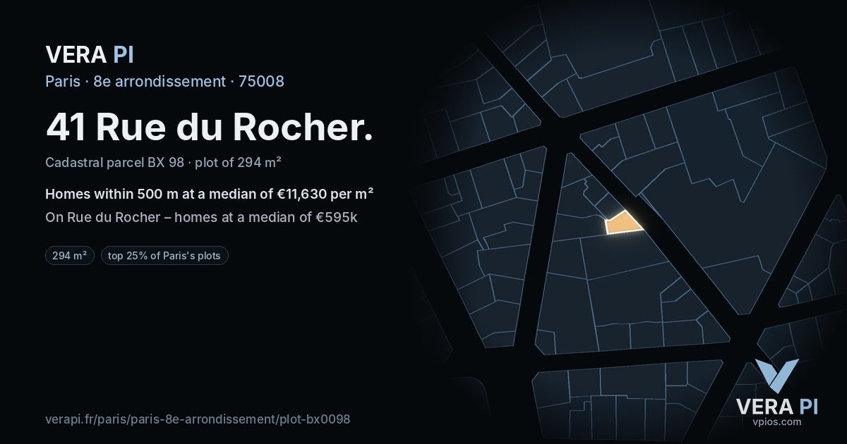 41 Rue du Rocher, 8e arrondissement at night – the plot lit, the parcels around coloured by the prices near them