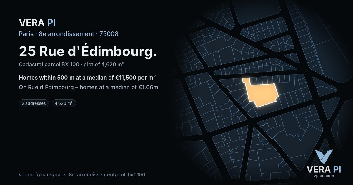 25 Rue d'Édimbourg, 8e arrondissement at night – the plot lit, the parcels around coloured by the prices near them