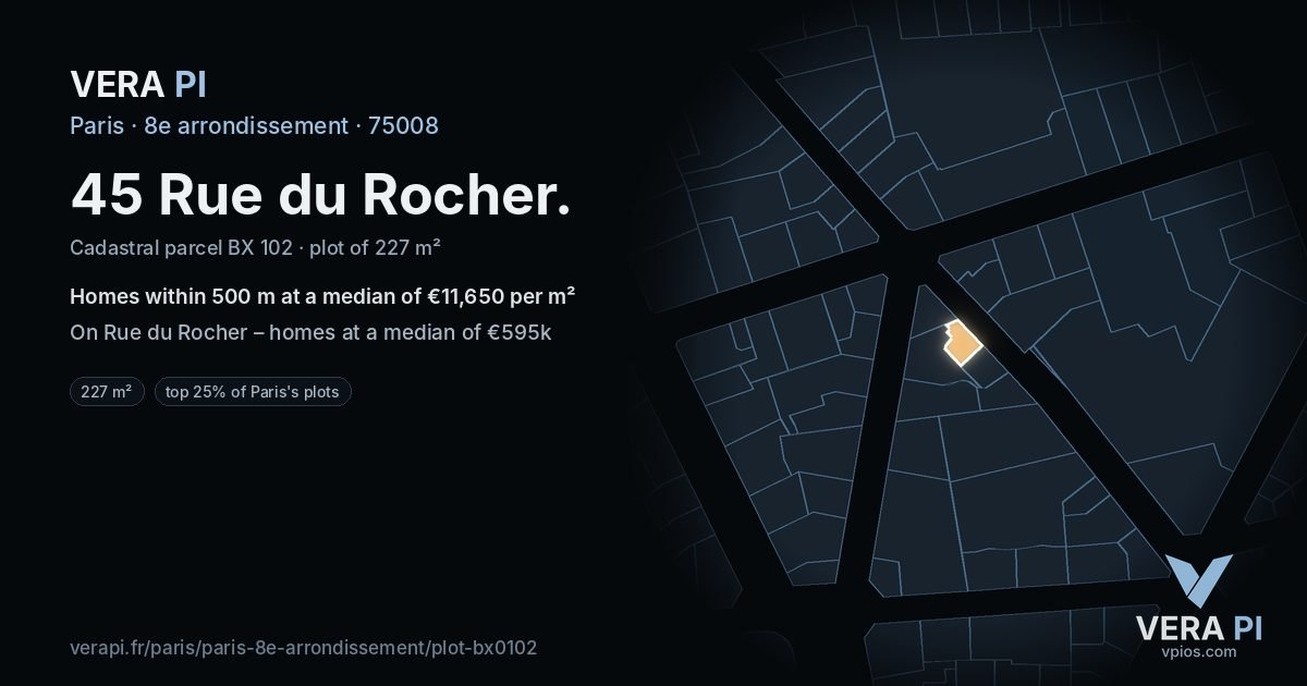 45 Rue du Rocher, 8e arrondissement at night – the plot lit, the parcels around coloured by the prices near them