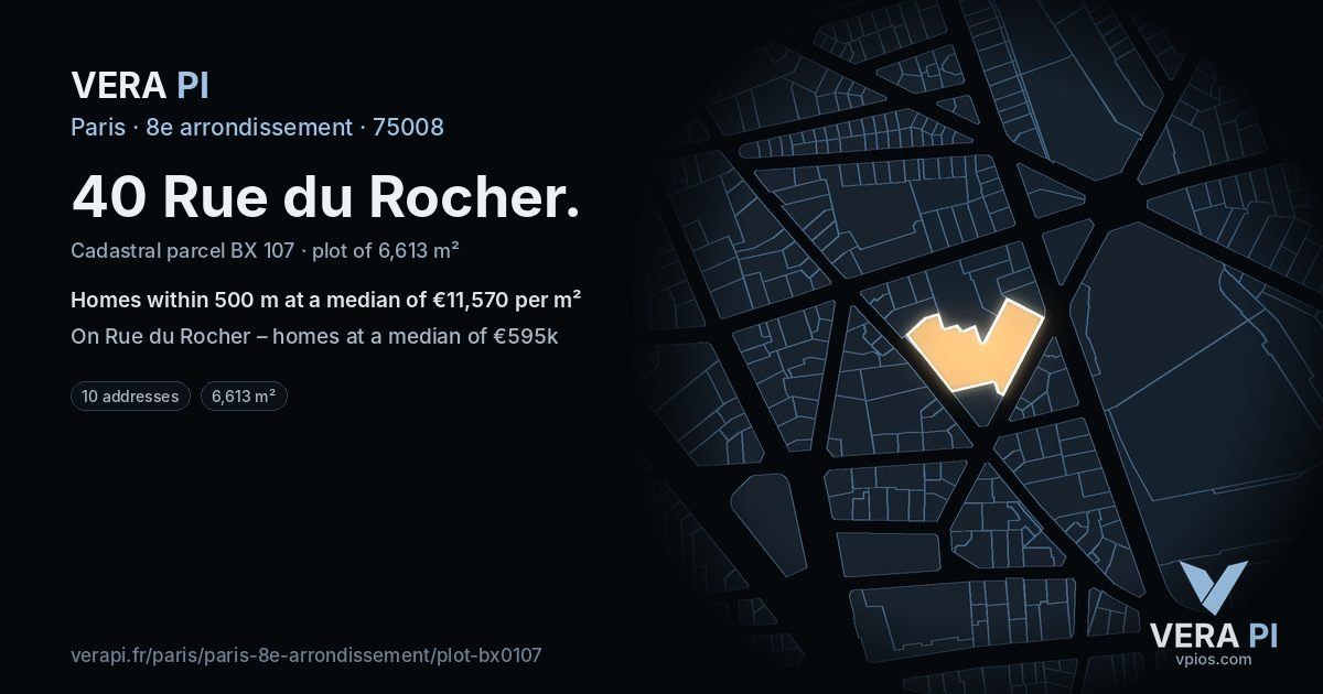40 Rue du Rocher, 8e arrondissement at night – the plot lit, the parcels around coloured by the prices near them
