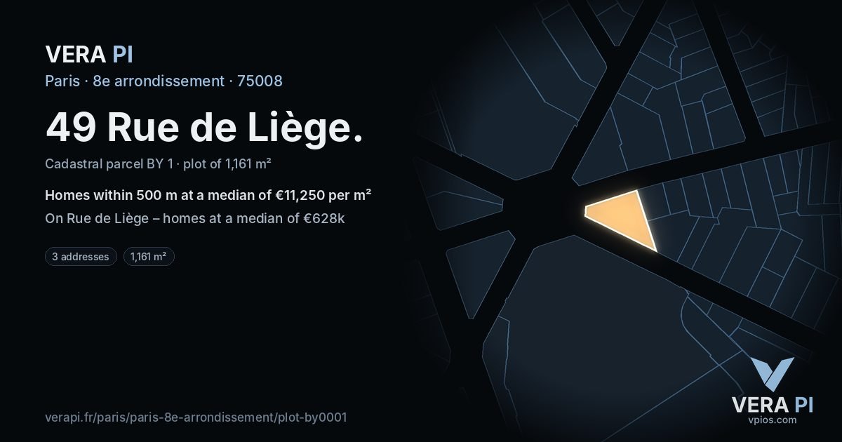 49 Rue de Liège, 8e arrondissement at night – the plot lit, the parcels around coloured by the prices near them