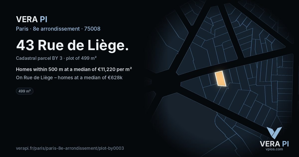 43 Rue de Liège, 8e arrondissement at night – the plot lit, the parcels around coloured by the prices near them