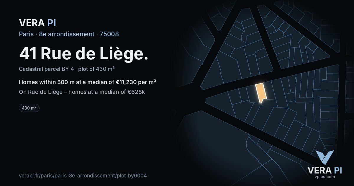 41 Rue de Liège, 8e arrondissement at night – the plot lit, the parcels around coloured by the prices near them