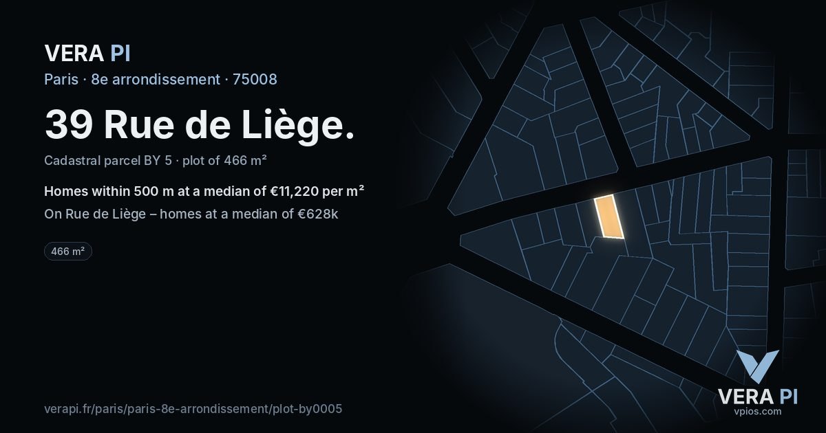 39 Rue de Liège, 8e arrondissement at night – the plot lit, the parcels around coloured by the prices near them