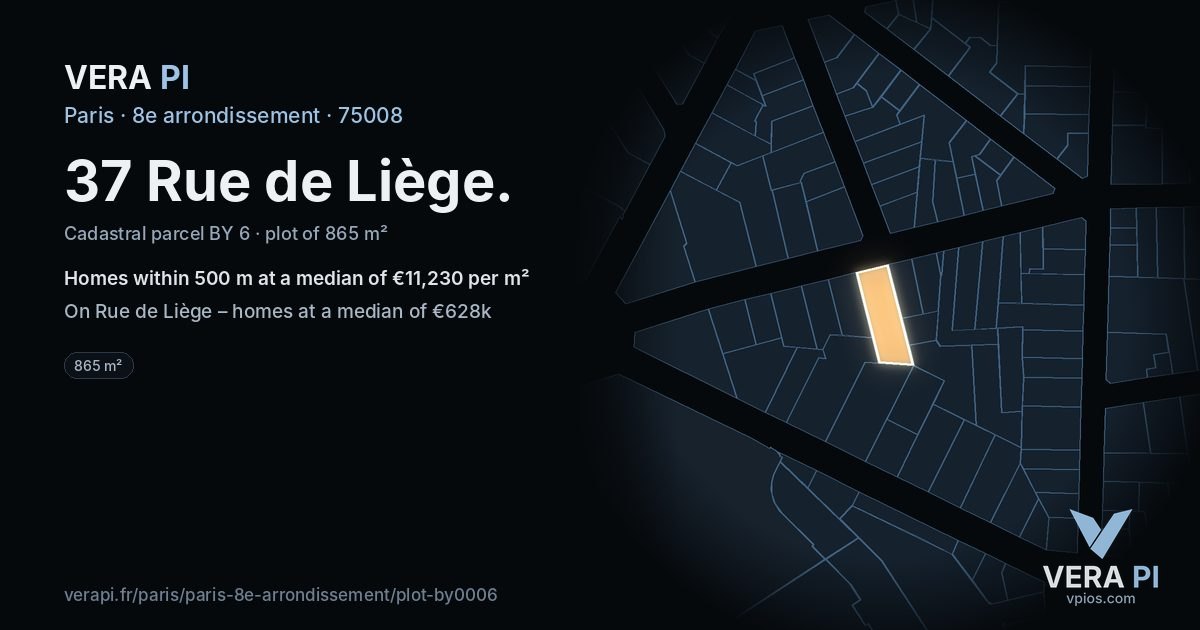 37 Rue de Liège, 8e arrondissement at night – the plot lit, the parcels around coloured by the prices near them