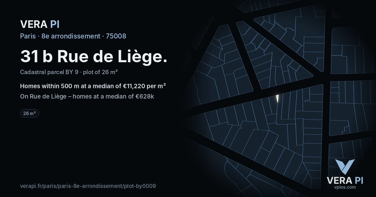 31 b Rue de Liège, 8e arrondissement at night – the plot lit, the parcels around coloured by the prices near them