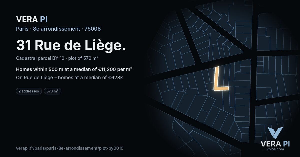 31 Rue de Liège, 8e arrondissement at night – the plot lit, the parcels around coloured by the prices near them
