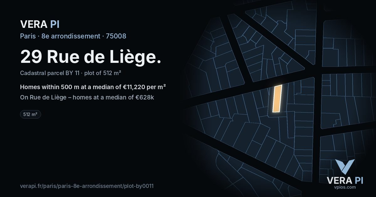 29 Rue de Liège, 8e arrondissement at night – the plot lit, the parcels around coloured by the prices near them