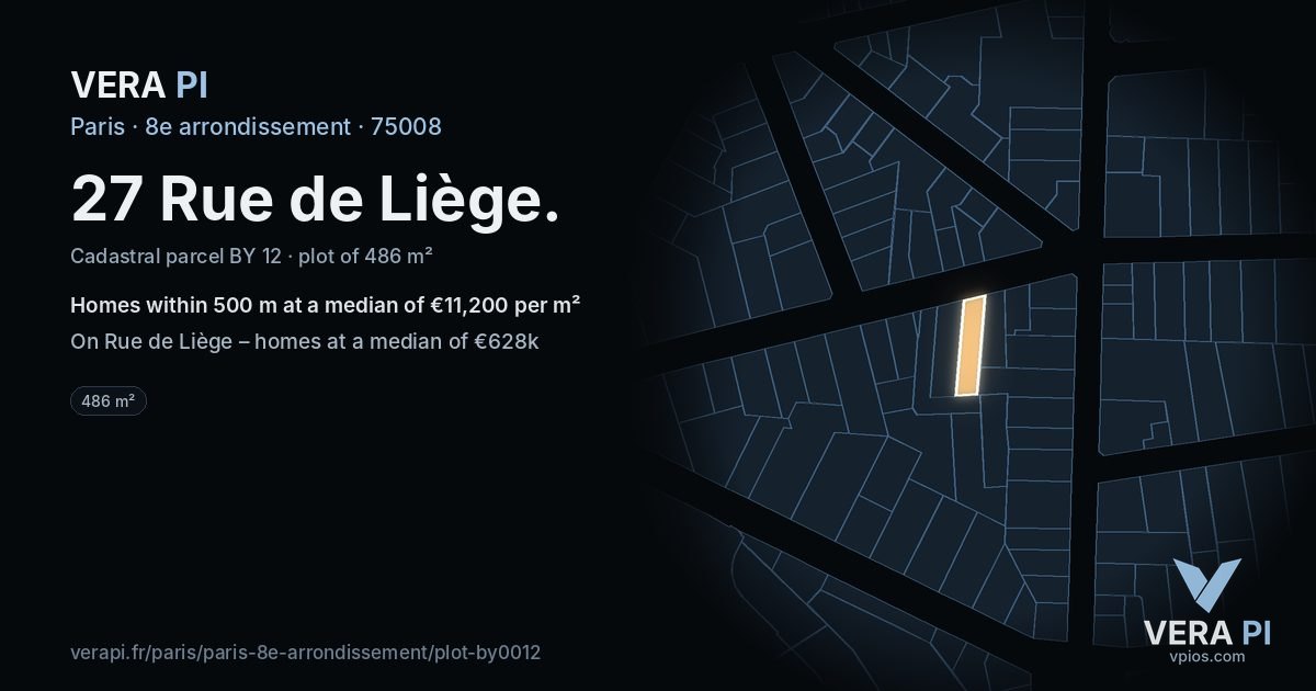 27 Rue de Liège, 8e arrondissement at night – the plot lit, the parcels around coloured by the prices near them