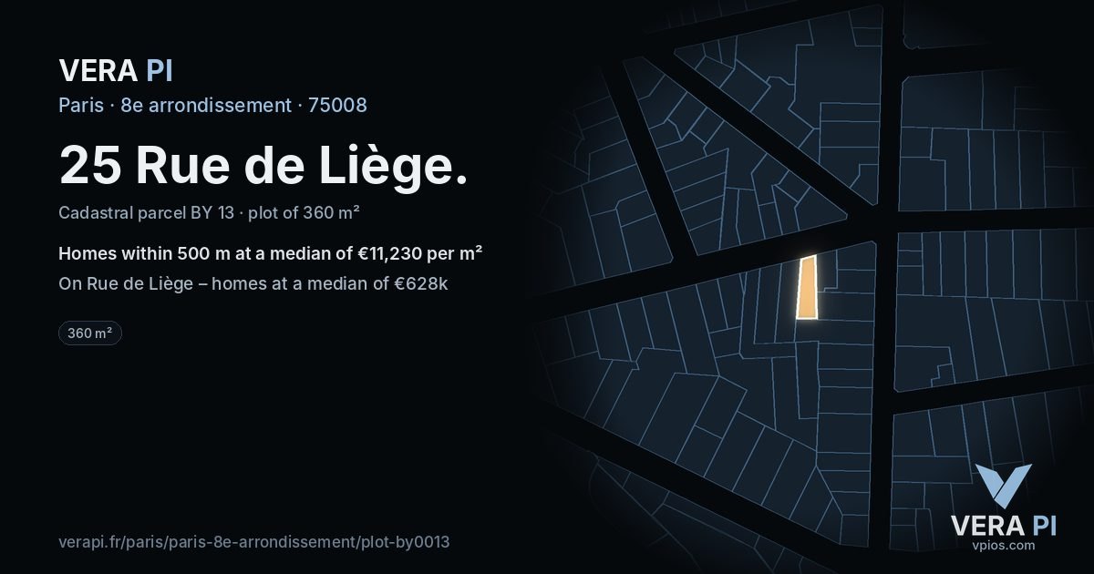 25 Rue de Liège, 8e arrondissement at night – the plot lit, the parcels around coloured by the prices near them
