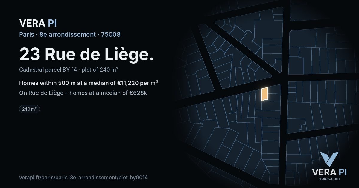23 Rue de Liège, 8e arrondissement at night – the plot lit, the parcels around coloured by the prices near them