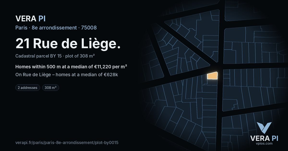 21 Rue de Liège, 8e arrondissement at night – the plot lit, the parcels around coloured by the prices near them
