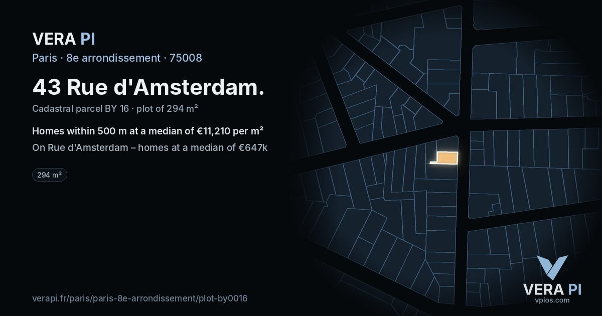 43 Rue d'Amsterdam, 8e arrondissement at night – the plot lit, the parcels around coloured by the prices near them