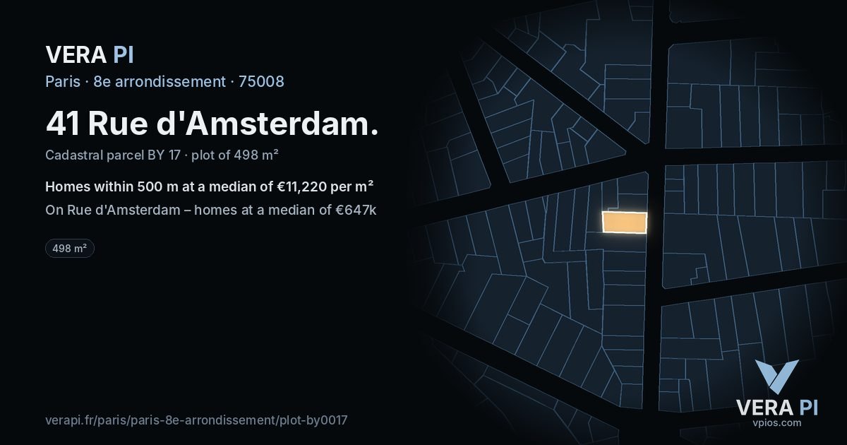 41 Rue d'Amsterdam, 8e arrondissement at night – the plot lit, the parcels around coloured by the prices near them