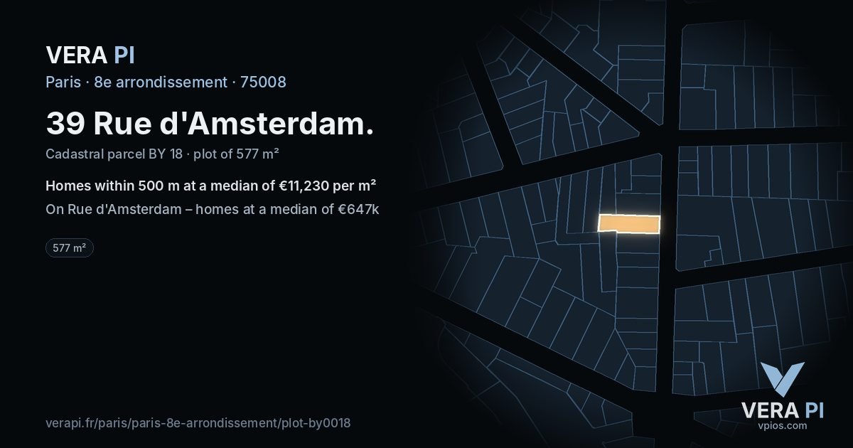 39 Rue d'Amsterdam, 8e arrondissement at night – the plot lit, the parcels around coloured by the prices near them
