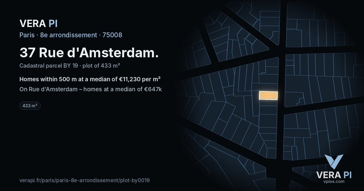 37 Rue d'Amsterdam, 8e arrondissement at night – the plot lit, the parcels around coloured by the prices near them