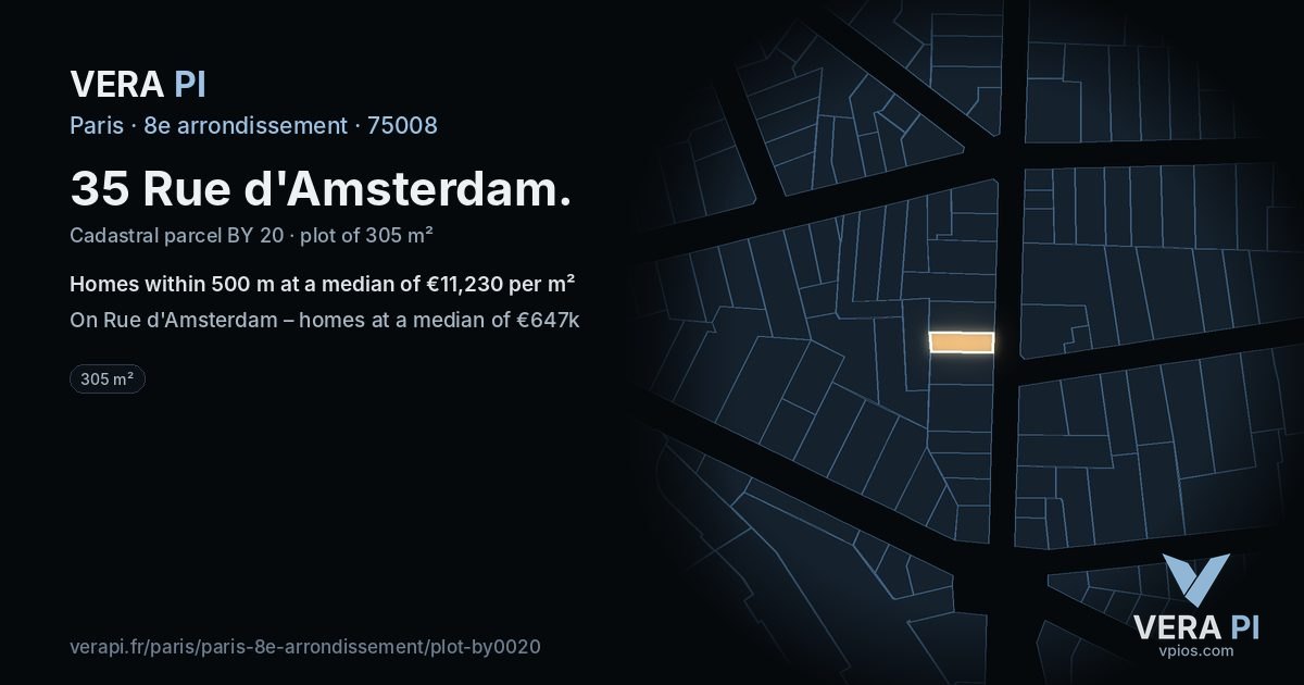 35 Rue d'Amsterdam, 8e arrondissement at night – the plot lit, the parcels around coloured by the prices near them