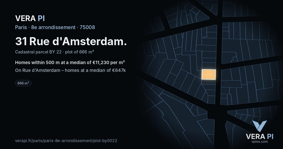 31 Rue d'Amsterdam, 8e arrondissement at night – the plot lit, the parcels around coloured by the prices near them