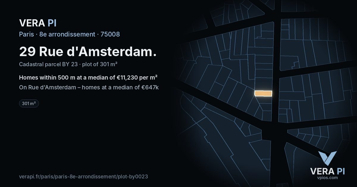 29 Rue d'Amsterdam, 8e arrondissement at night – the plot lit, the parcels around coloured by the prices near them
