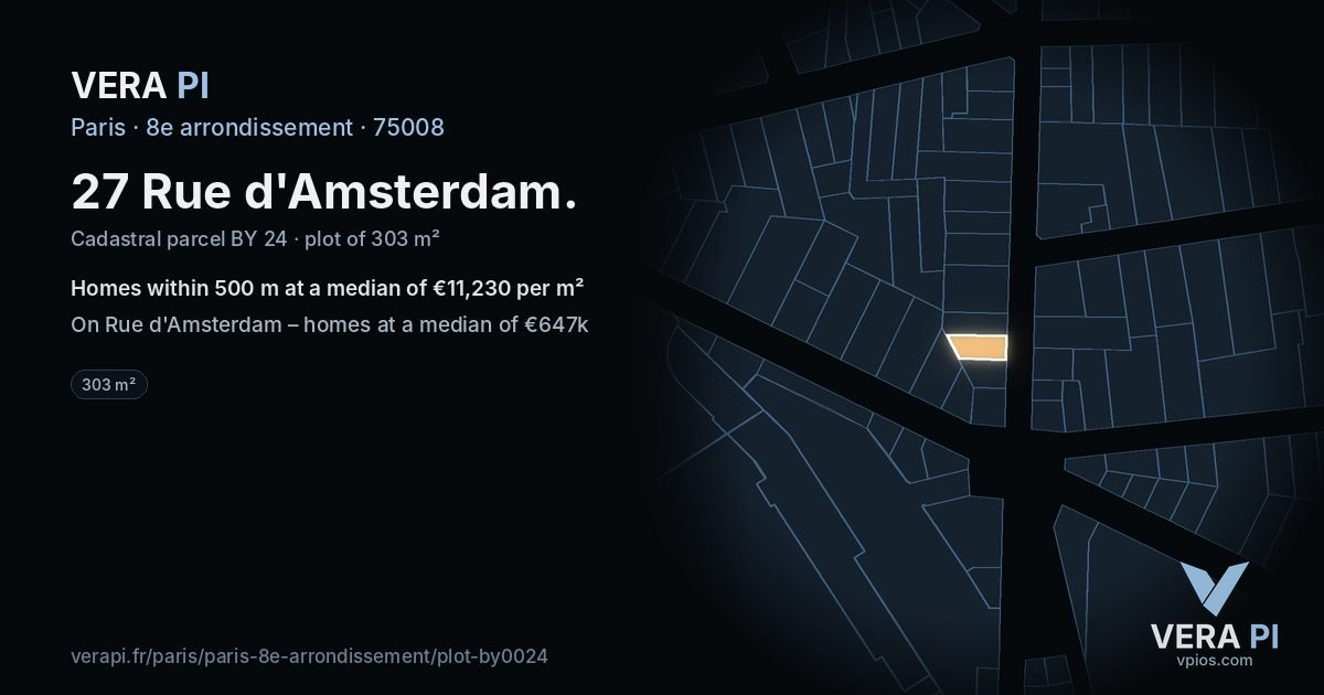 27 Rue d'Amsterdam, 8e arrondissement at night – the plot lit, the parcels around coloured by the prices near them
