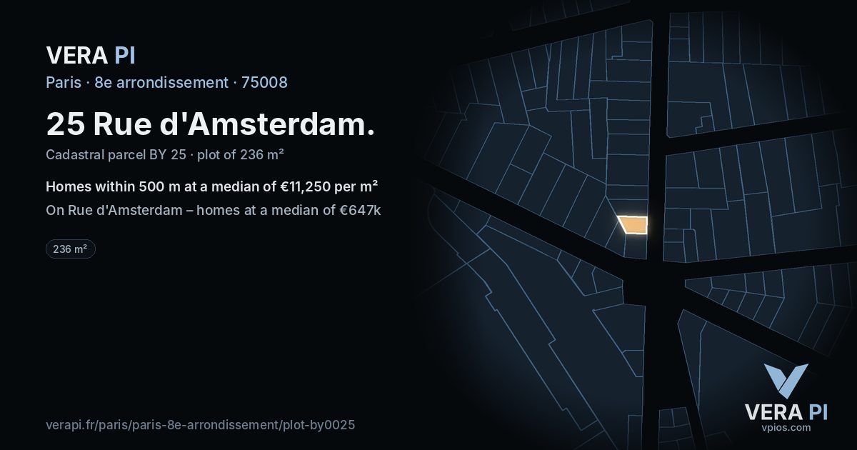 25 Rue d'Amsterdam, 8e arrondissement at night – the plot lit, the parcels around coloured by the prices near them