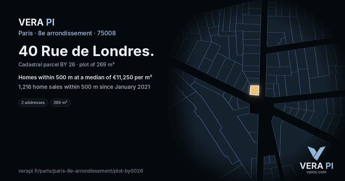 40 Rue de Londres, 8e arrondissement at night – the plot lit, the parcels around coloured by the prices near them