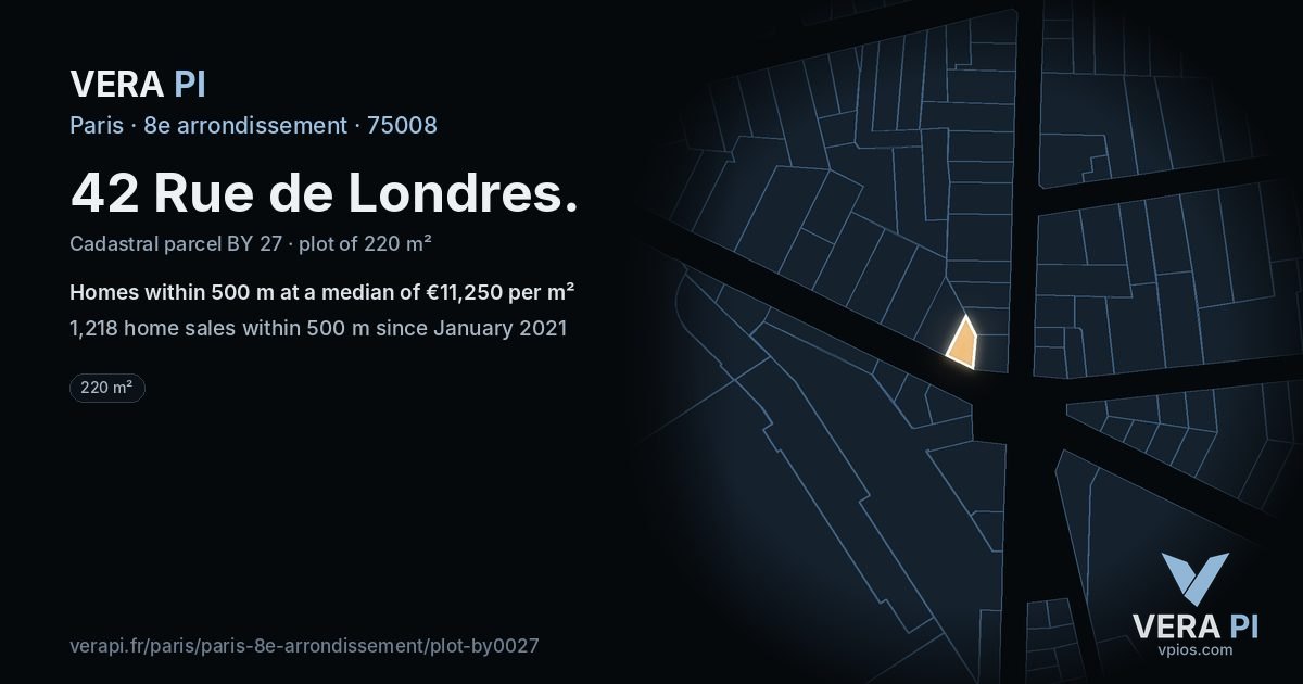 42 Rue de Londres, 8e arrondissement at night – the plot lit, the parcels around coloured by the prices near them