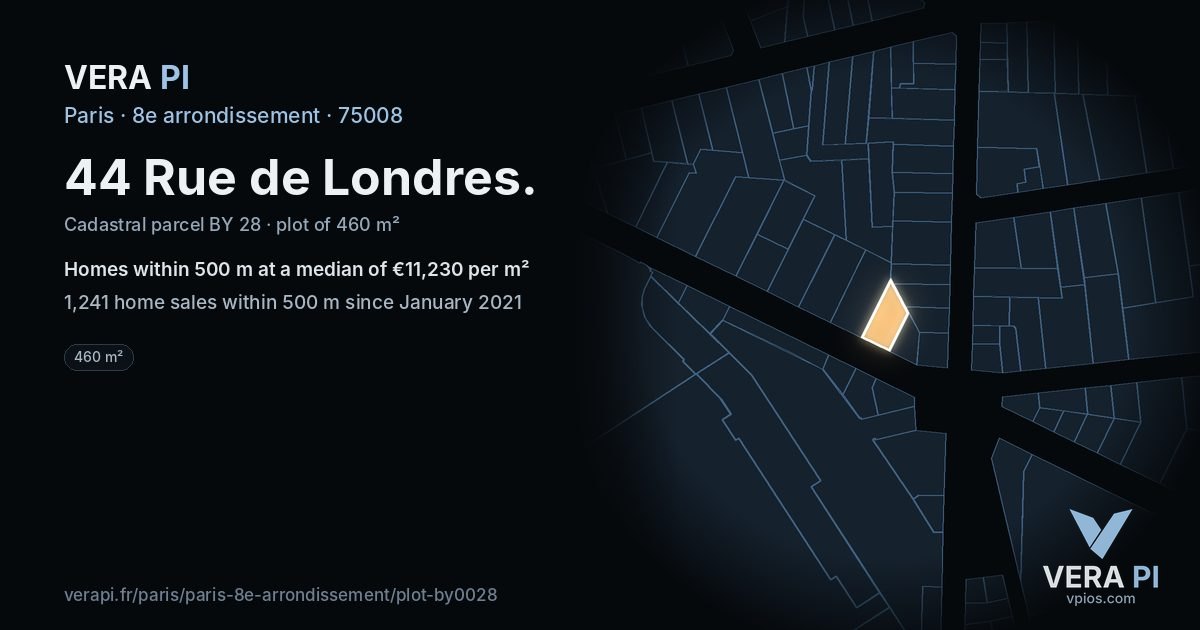 44 Rue de Londres, 8e arrondissement at night – the plot lit, the parcels around coloured by the prices near them