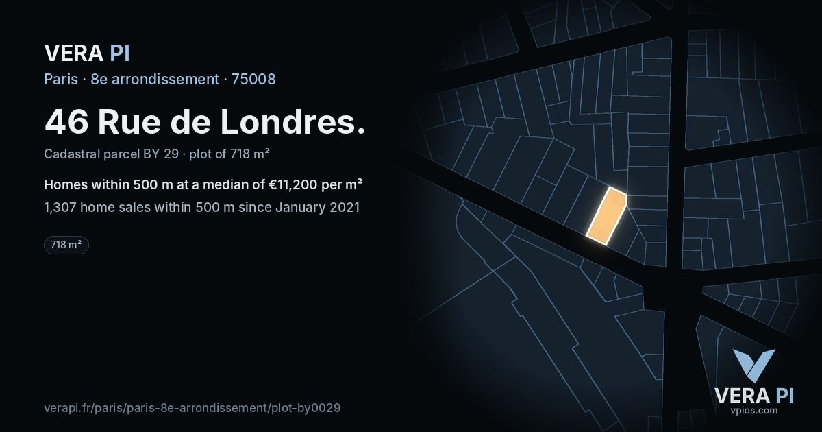 46 Rue de Londres, 8e arrondissement at night – the plot lit, the parcels around coloured by the prices near them