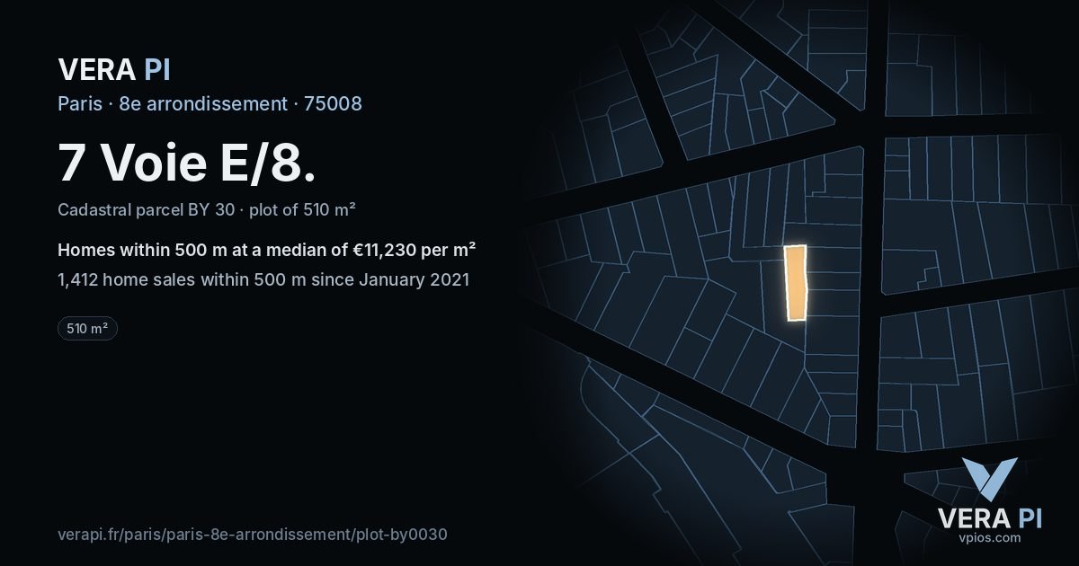 7 Voie E/8, 8e arrondissement at night – the plot lit, the parcels around coloured by the prices near them