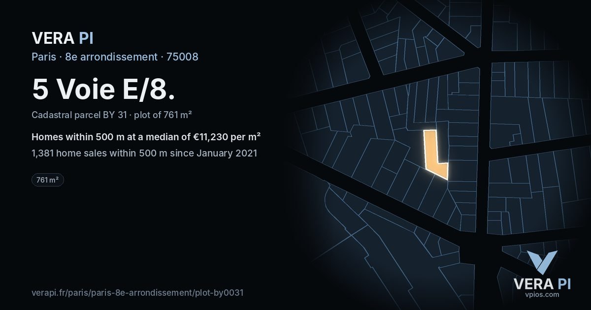 5 Voie E/8, 8e arrondissement at night – the plot lit, the parcels around coloured by the prices near them