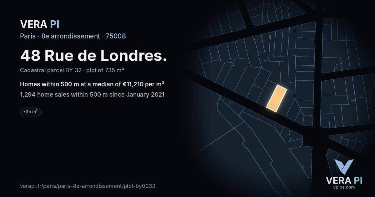 48 Rue de Londres, 8e arrondissement at night – the plot lit, the parcels around coloured by the prices near them