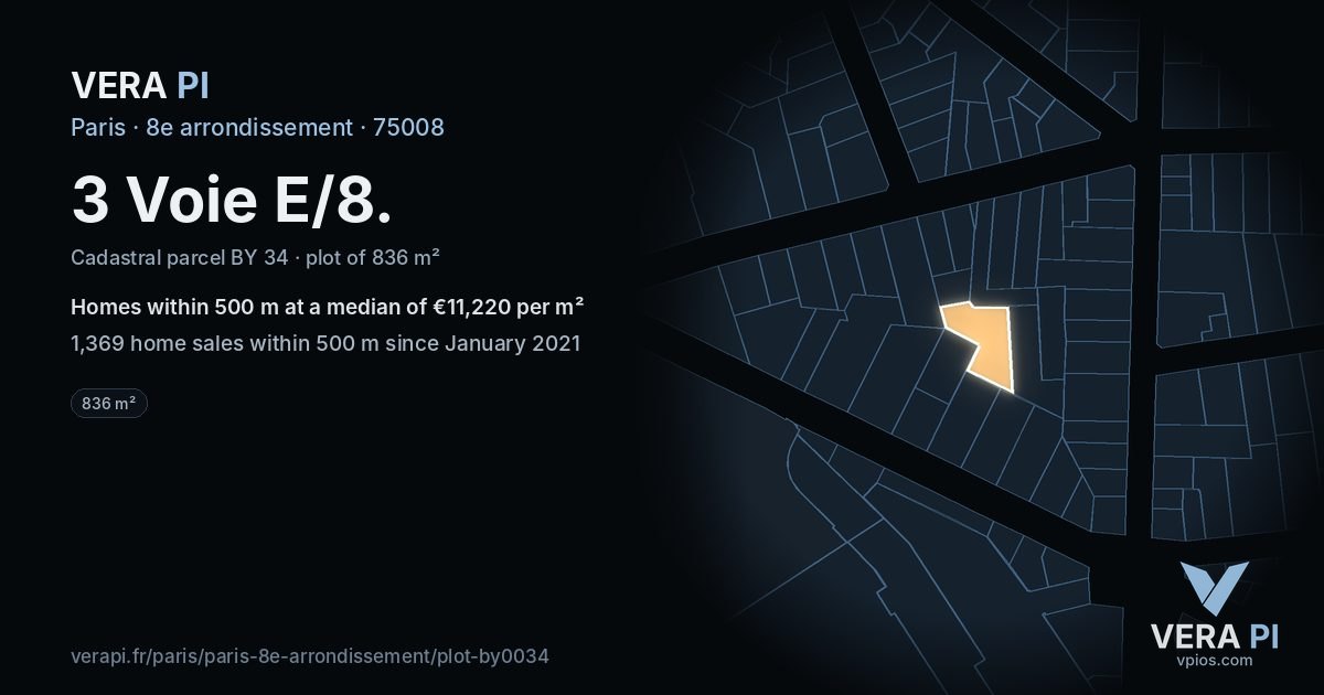 3 Voie E/8, 8e arrondissement at night – the plot lit, the parcels around coloured by the prices near them