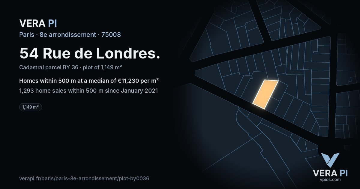 54 Rue de Londres, 8e arrondissement at night – the plot lit, the parcels around coloured by the prices near them