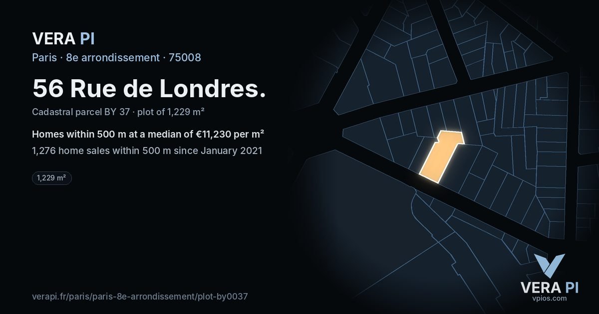 56 Rue de Londres, 8e arrondissement at night – the plot lit, the parcels around coloured by the prices near them