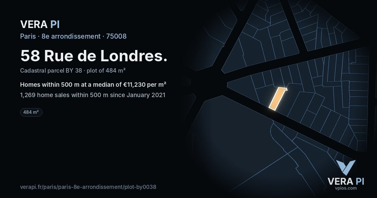 58 Rue de Londres, 8e arrondissement at night – the plot lit, the parcels around coloured by the prices near them