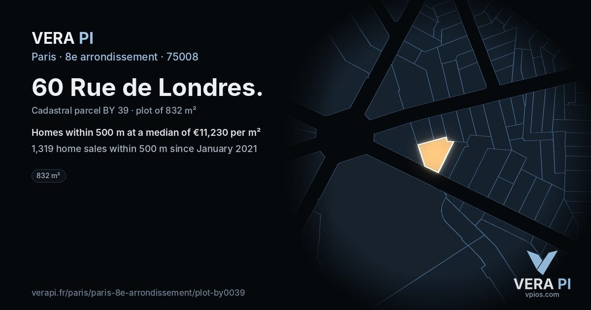 60 Rue de Londres, 8e arrondissement at night – the plot lit, the parcels around coloured by the prices near them