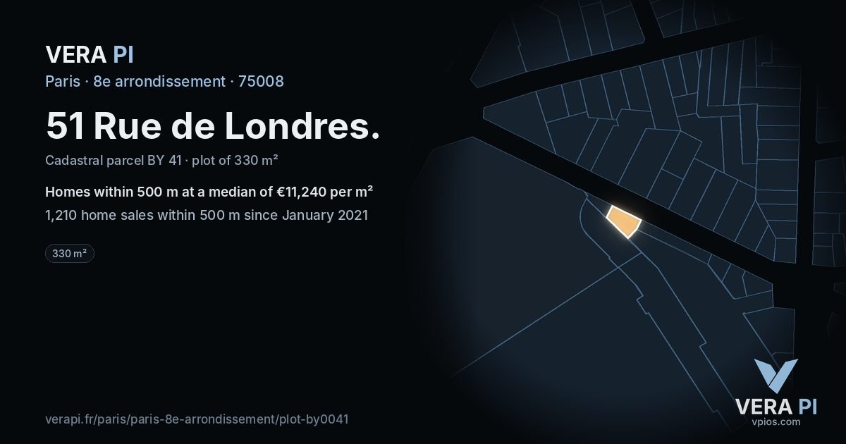 51 Rue de Londres, 8e arrondissement at night – the plot lit, the parcels around coloured by the prices near them