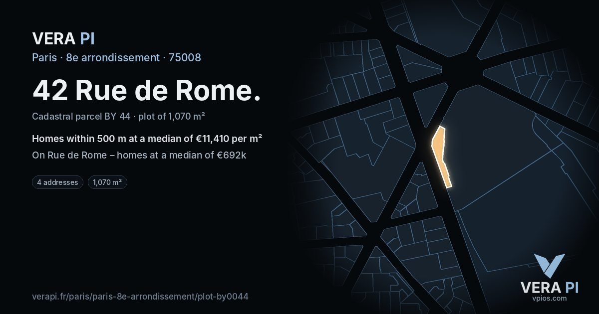 42 Rue de Rome, 8e arrondissement at night – the plot lit, the parcels around coloured by the prices near them