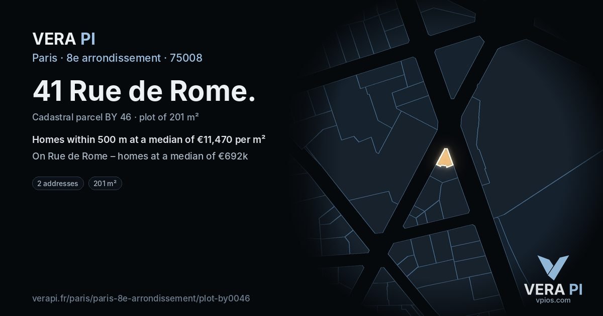 41 Rue de Rome, 8e arrondissement at night – the plot lit, the parcels around coloured by the prices near them
