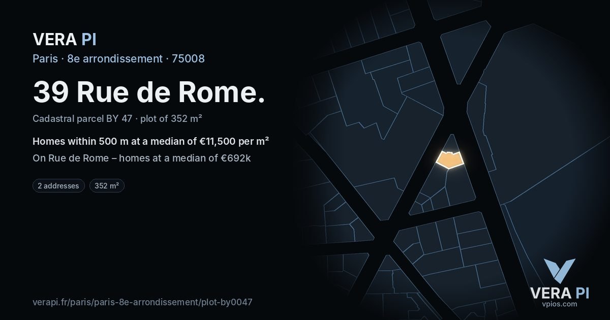 39 Rue de Rome, 8e arrondissement at night – the plot lit, the parcels around coloured by the prices near them